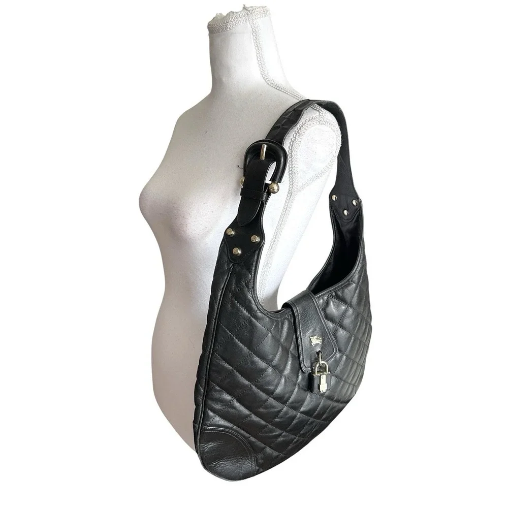 Y2K Burberry Brooke Padlock Black Quilted Leather Hobo Handbag Purse Equestrian